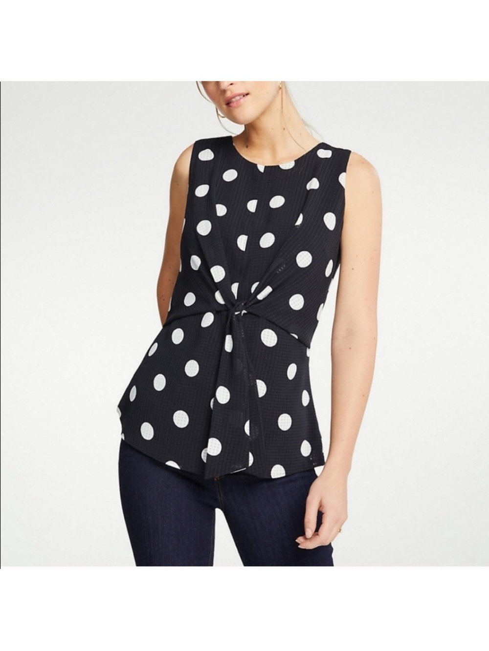 Ann Taylor Polka Dot Tie Front Slimming Silhouette Sleeveless Blouse Black White